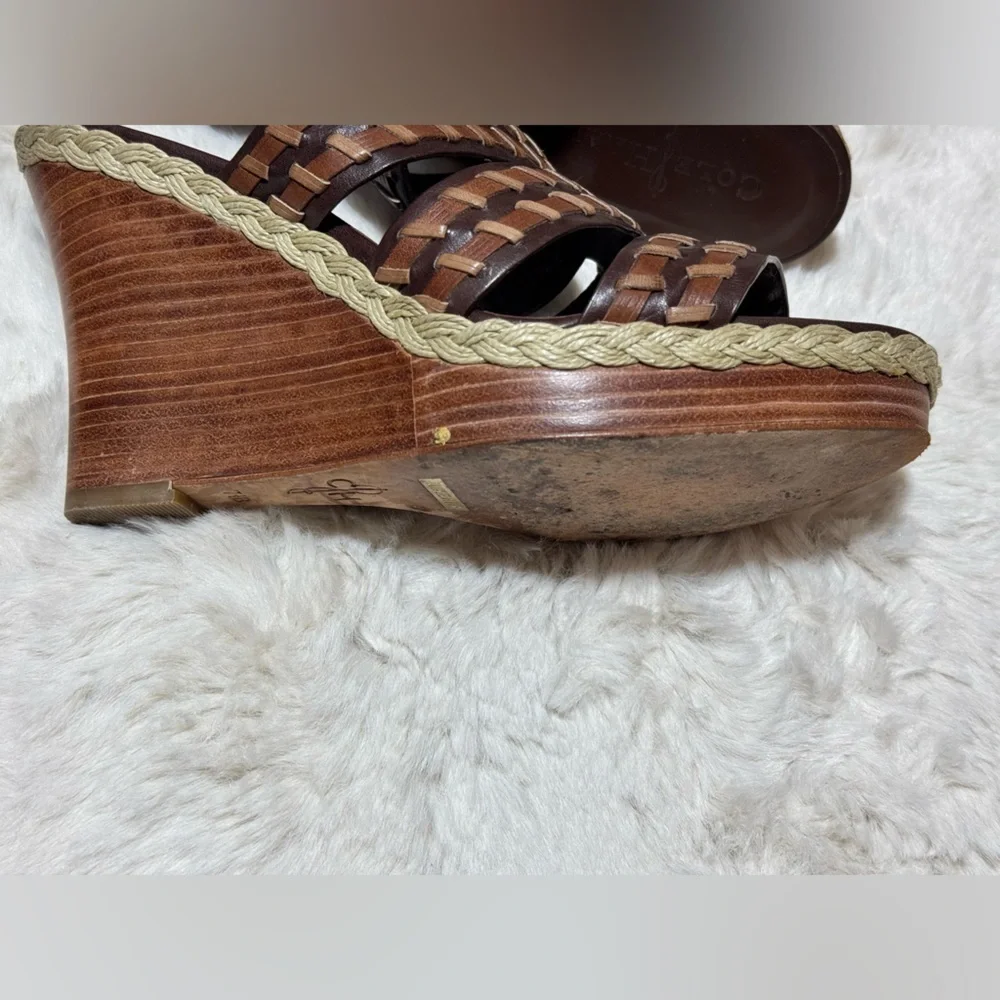 COLE HAAN stitch wedge brown heal leather espadrille slides shoes 7.5B
